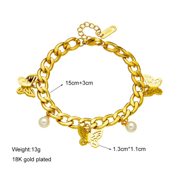 Jewelry Bracelet Titanium Steel Metal Pearl Butterfly Pendant Retro Simple Niche Design Unisex Electroplating