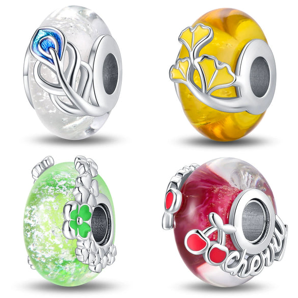 Jewelry Bracelet White Feather Luminous Glass Beads S925 Silver Plated Plant Flowers Dripping Oil Design