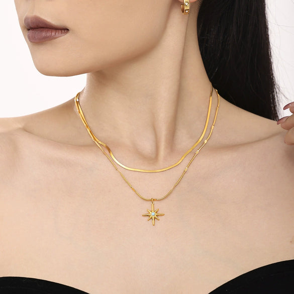 Jewelry Brass Copper Blue Turquoise Pendant Clavicle Necklace Star Shape Geometric Light Luxury Style Electroplated