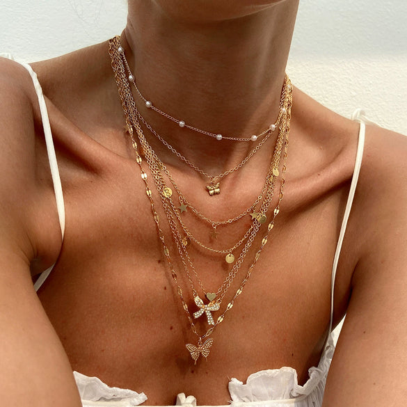 Jewelry Butterfly Alloy Pendant Clavicle Chain Simple Geometric Style Copperclad Iron Chain Imitation Pearl Rhinestone Electroplated