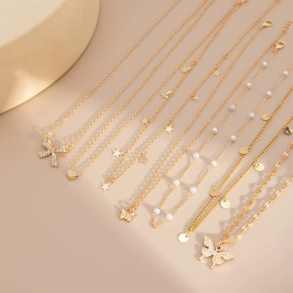 Jewelry Butterfly Alloy Pendant Clavicle Chain Simple Geometric Style Copperclad Iron Chain Imitation Pearl Rhinestone Electroplated