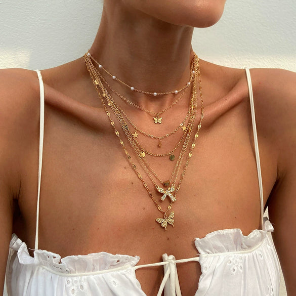 Jewelry Butterfly Alloy Pendant Clavicle Chain Simple Geometric Style Copperclad Iron Chain Imitation Pearl Rhinestone Electroplated