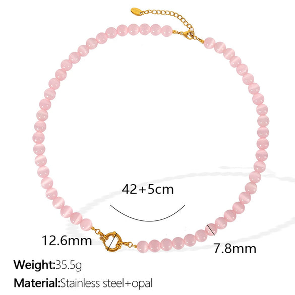 Jewelry Cat's Eye Stone Beaded Necklace 316L Stainless Steel Geometric Style Electroplated For Women