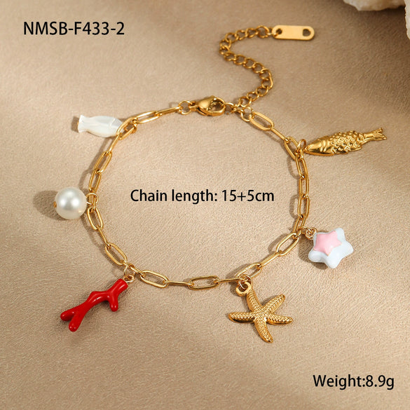 Jewelry Ceramic Pendant Bracelet Necklace With Stainless Steel Shell Starfish Geometric Pattern Electroplating For Women
