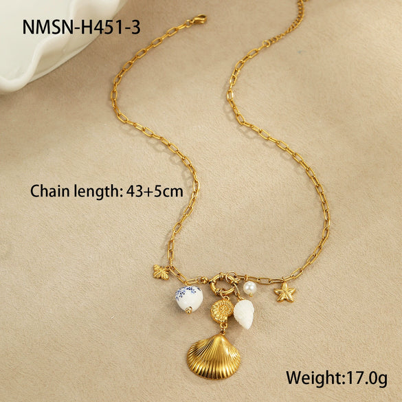Jewelry Ceramic Pendant Bracelet Necklace With Stainless Steel Shell Starfish Geometric Pattern Electroplating For Women