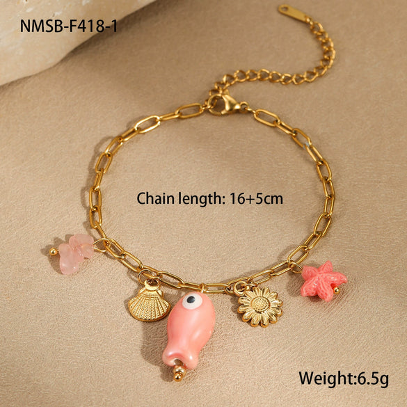 Jewelry Ceramic Pendant Bracelet Necklace With Stainless Steel Shell Starfish Geometric Pattern Electroplating For Women