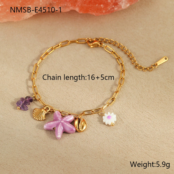 Jewelry Ceramic Pendant Bracelet Necklace With Stainless Steel Shell Starfish Geometric Pattern Electroplating For Women