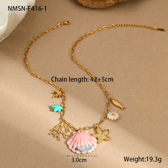 Jewelry Ceramic Pendant Bracelet Necklace With Stainless Steel Shell Starfish Geometric Pattern Electroplating For Women