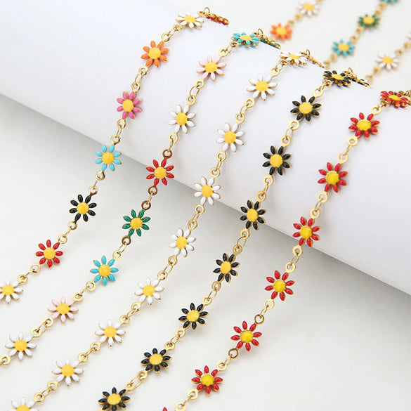 Jewelry Chain Stainless Steel Daisy Doublesided Dripping Oil 18K Gold Mixed Color