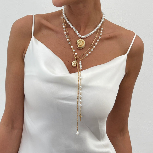 Jewelry Conch Cross Pendant Necklace Pearl Beaded Alloy Iron Chain Geometric Style Women's