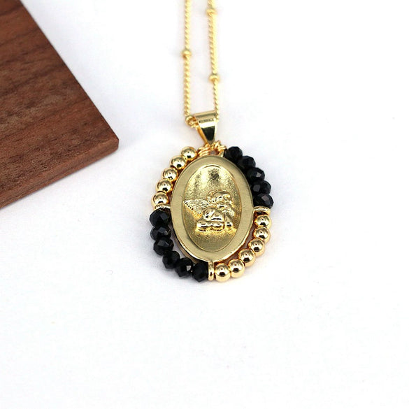 Jewelry Copper And Titanium Steel Geometric Oval Pendant Necklace With Ball Chain And Electroplating
