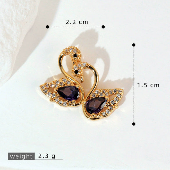 Jewelry Copper Animal Zodiac Fashion Electroplated Black Pink Swan Pendant Clavicle Chain Necklace Single Diamond Earrings