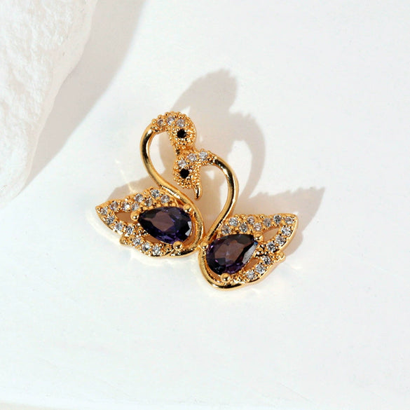 Jewelry Copper Animal Zodiac Fashion Electroplated Black Pink Swan Pendant Clavicle Chain Necklace Single Diamond Earrings