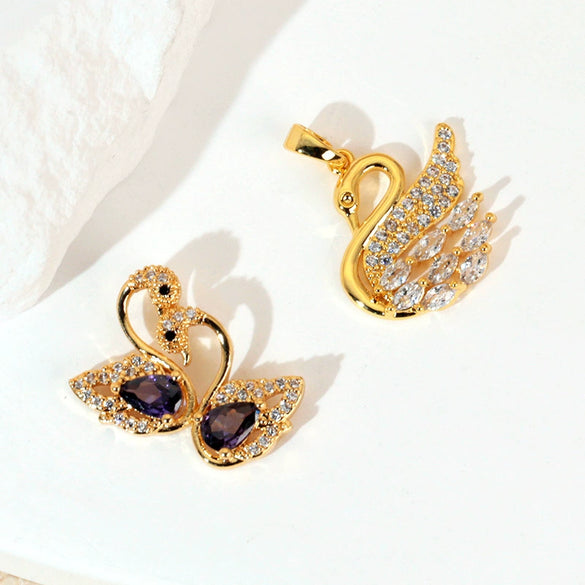 Jewelry Copper Animal Zodiac Fashion Electroplated Black Pink Swan Pendant Clavicle Chain Necklace Single Diamond Earrings