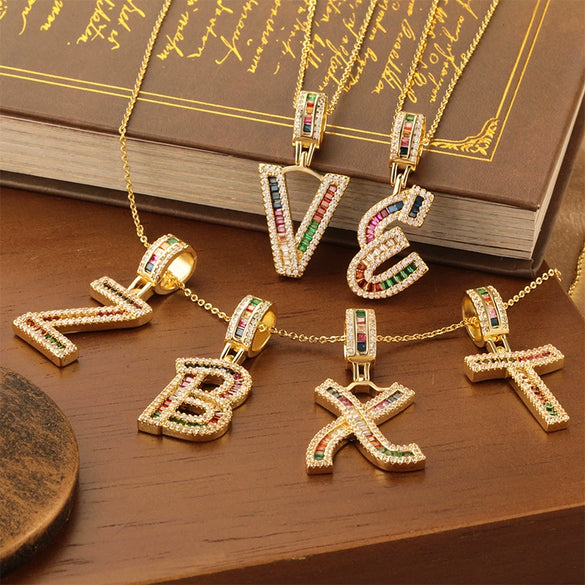 Jewelry Copper English Letter Pendant Necklace With Micro Inlaid Zircon Electroplated