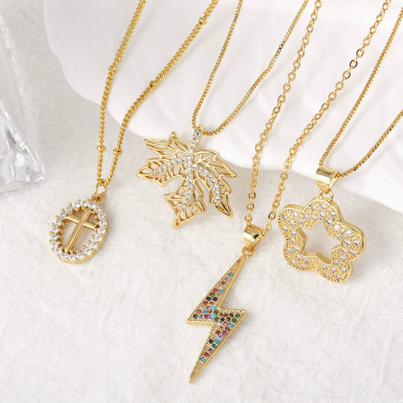 Jewelry Copper Geometric Cross Lightning Pendant Necklace Electroplated Real Gold Collarbone Chain For Women