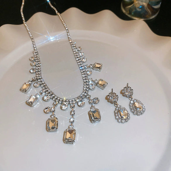Jewelry Copper Geometric Diamondencrusted Square Tassel Clavicle Chain Earrings Necklace Light Luxury