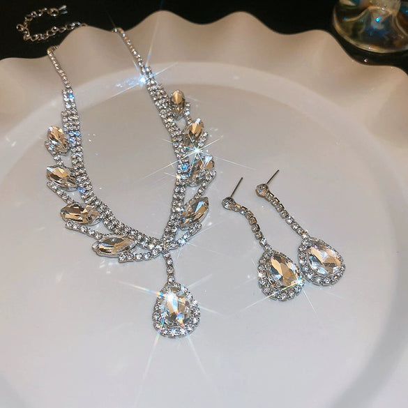 Jewelry Copper Geometric Diamondencrusted Square Tassel Clavicle Chain Earrings Necklace Light Luxury