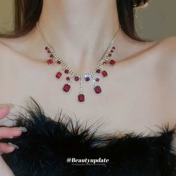 Jewelry Copper Geometric Diamondencrusted Square Tassel Clavicle Chain Earrings Necklace Light Luxury