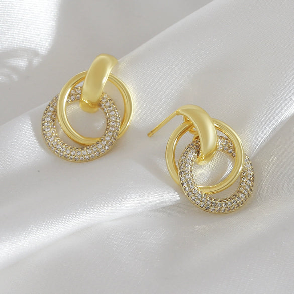Jewelry Copper Geometric Double Ring Round Earrings And Ring With Diamonds For Women Electroplated