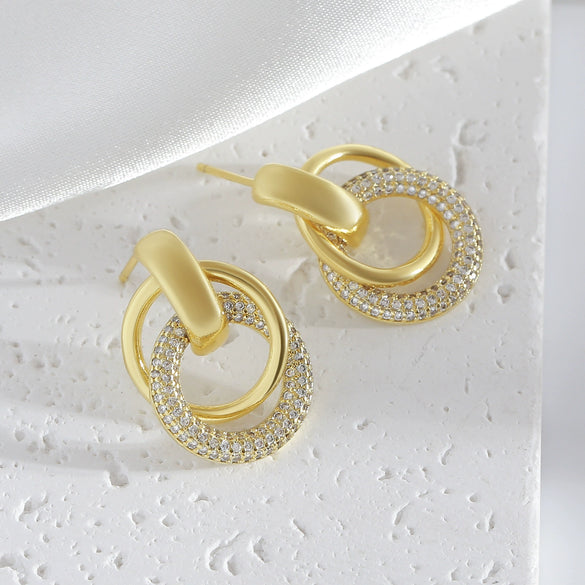 Jewelry Copper Geometric Double Ring Round Earrings And Ring With Diamonds For Women Electroplated
