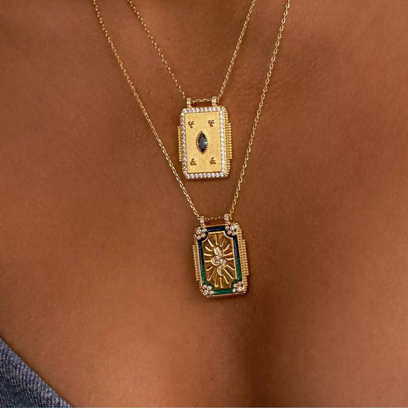 Jewelry Copper Geometric Retro Style Tarot Pendant Long Necklace Set With Diamonds Mixed Gemstone