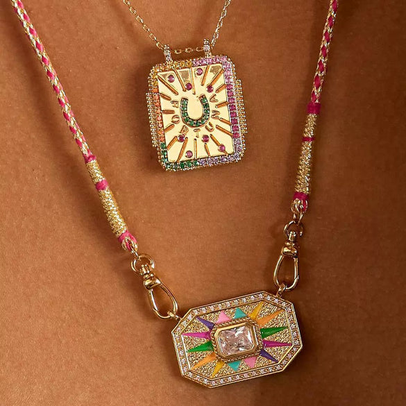 Jewelry Copper Geometric Retro Style Tarot Pendant Long Necklace Set With Diamonds Mixed Gemstone