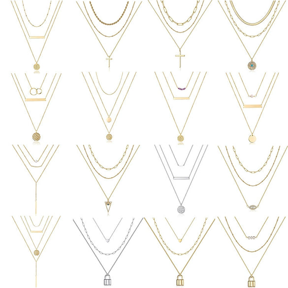 Jewelry Copper Geometric Round Cross Pieces Eye Single Double Triple Layer Multi Style Elegant Fashion Medieval Neck Chain