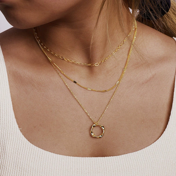 Jewelry Copper Gold Plated Geometric Threelayer Stacked Lava Ring Pendant Necklace For Women