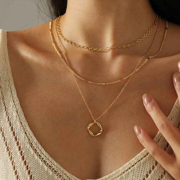 Jewelry Copper Gold Plated Geometric Threelayer Stacked Lava Ring Pendant Necklace For Women