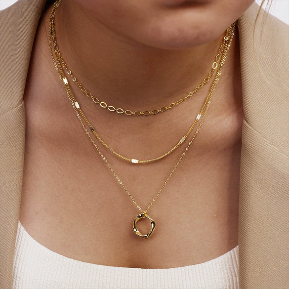 Jewelry Copper Gold Plated Geometric Threelayer Stacked Lava Ring Pendant Necklace For Women
