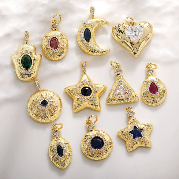 Jewelry Copper Gold Plated Threedimensional Pleated Star Moon Round Oval Palm Small Pendant