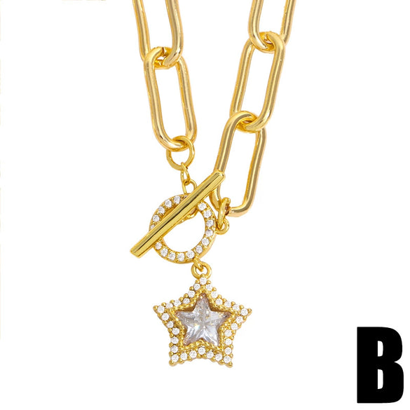Jewelry Copper Heart Shape Fivepointed Star Diamond Zircon Pendant Necklace Whip Chain