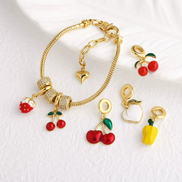Jewelry Copper 18K Gold Plated Fruit Cherry Strawberry Pendant Bracelet
