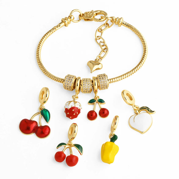 Jewelry Copper 18K Gold Plated Fruit Cherry Strawberry Pendant Bracelet