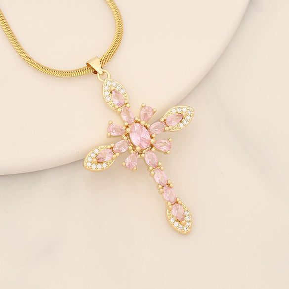 Jewelry Copper Micro Inlaid Zircon Cross Pendant Necklace