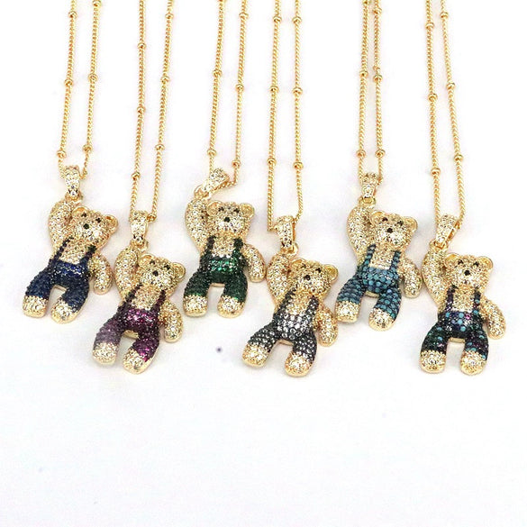 Jewelry Copper Mixed Gemstone Setting Cute Bear Pendant Necklace With Cartoon Characters Style And Electroplating Process