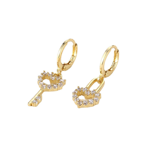 Jewelry Copper Peach Heart Lock Asymmetrical Earrings With Zircon And Geometric Design For Women