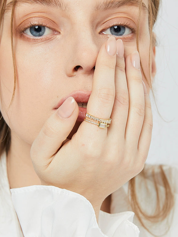 Jewelry Copper Plated 18K Gold Irregular Double Ladder Square Zirconium Geometric Open Ring Women's