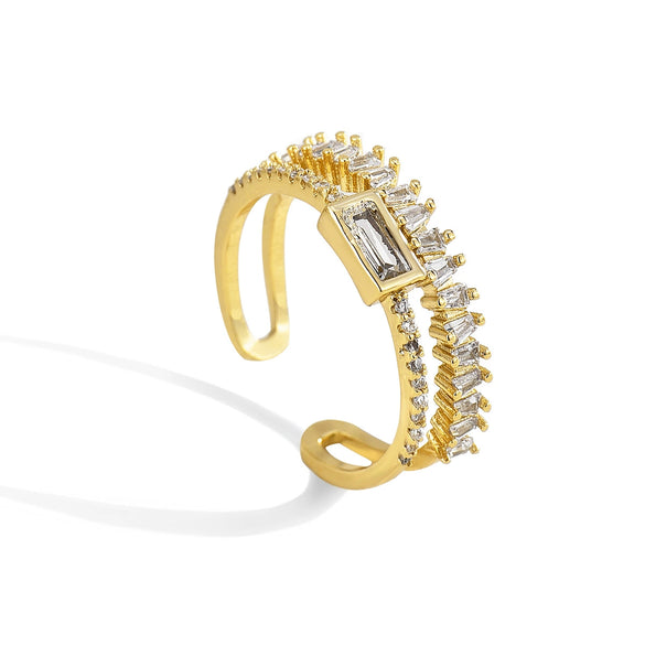 Jewelry Copper Plated 18K Gold Irregular Double Ladder Square Zirconium Geometric Open Ring Women's