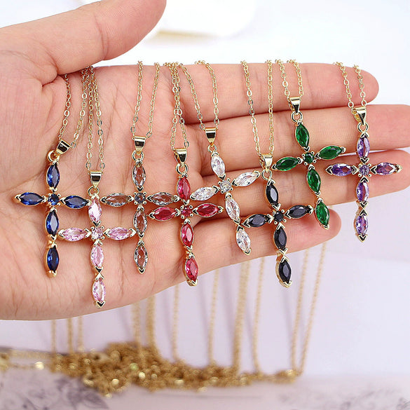 Jewelry Copper Plated 18K Gold Micro Inlay Colored Zircon Cross Pendant Clavicle Chain With Geometric Pattern And Creative Personality Style