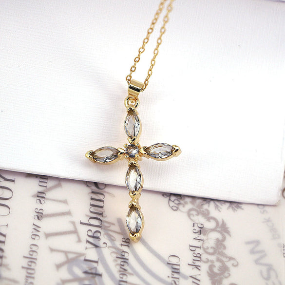 Jewelry Copper Plated 18K Gold Micro Inlay Colored Zircon Cross Pendant Clavicle Chain With Geometric Pattern And Creative Personality Style