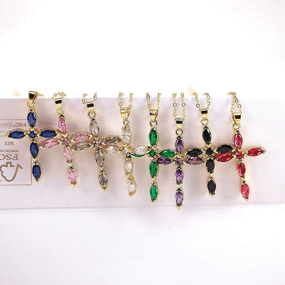 Jewelry Copper Plated 18K Gold Micro Inlay Colored Zircon Cross Pendant Clavicle Chain With Geometric Pattern And Creative Personality Style