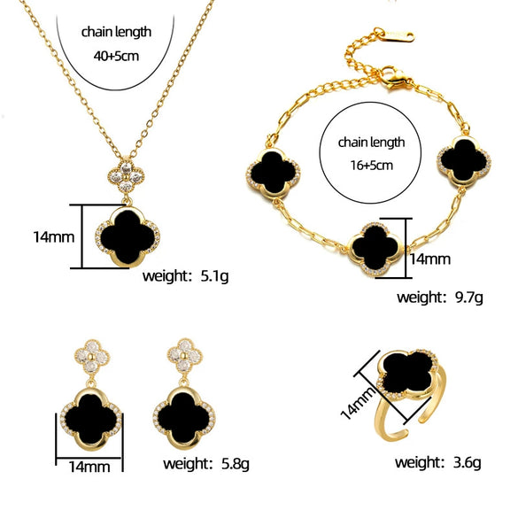 Jewelry Copper Titanium Steel Four Leaf Clover Style Electroplating Women's Fourpiece Set Necklace Bracelet Earrings Ring