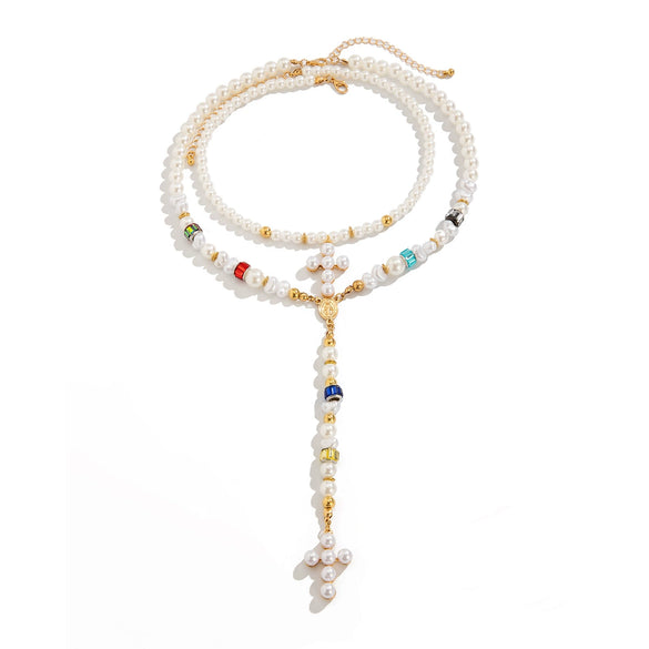 Jewelry Cross Imitation Pearl Alloy Acrylic Diamond Geometric Handmade Electroplated Necklace For Women