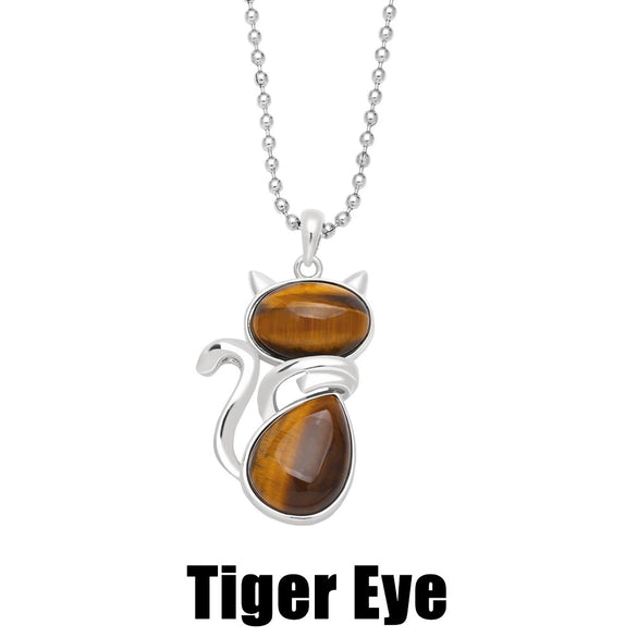 Jewelry Crystal Agate Cat Pendant Necklace Copper Ball Chain Retro Fashion Electroplated Women's