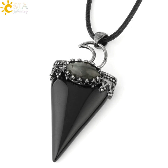 Jewelry Crystal Natural Stone Minimalist Geometric Tapered Pointed Bronze Plated Pendant Necklace With Leather Rope