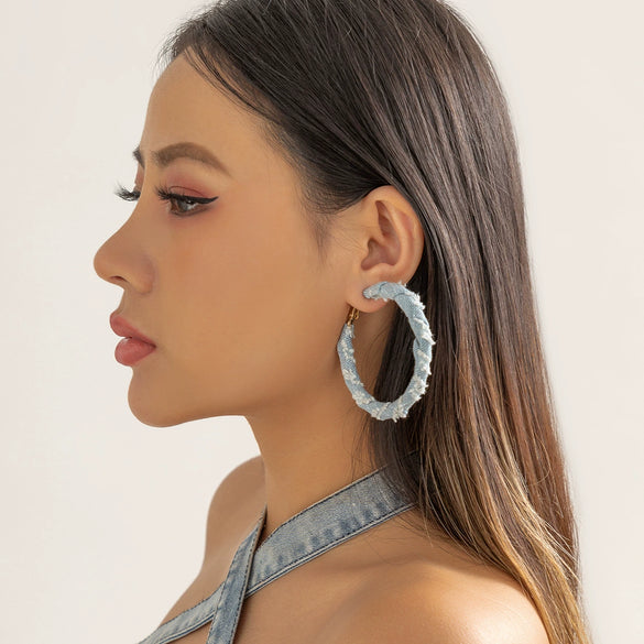 Jewelry Denim Printed Cloth Metal Pure Handmade Geometric Hoop Earrings For Women