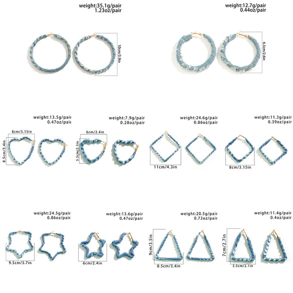 Jewelry Denim Printed Cloth Metal Pure Handmade Geometric Hoop Earrings For Women