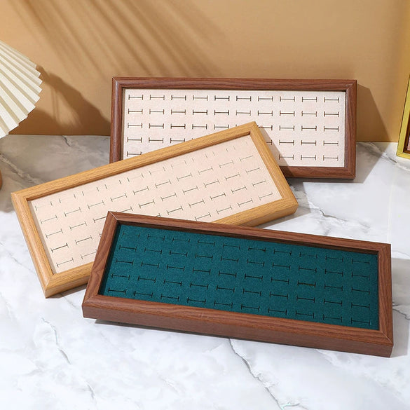 Jewelry Display Tray Wood Splicing Geometric Style Walnut Color Flannel